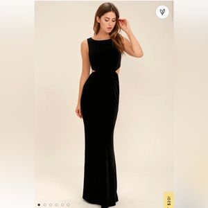 Reach Out Black Velvet Maxi Dress - Round Neckline - Fitted Bodice -Side Cutouts